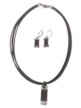 VTG, Modern Brown Faux Leather Wrapped Cord SilvPendant Necklace &  Earring Set